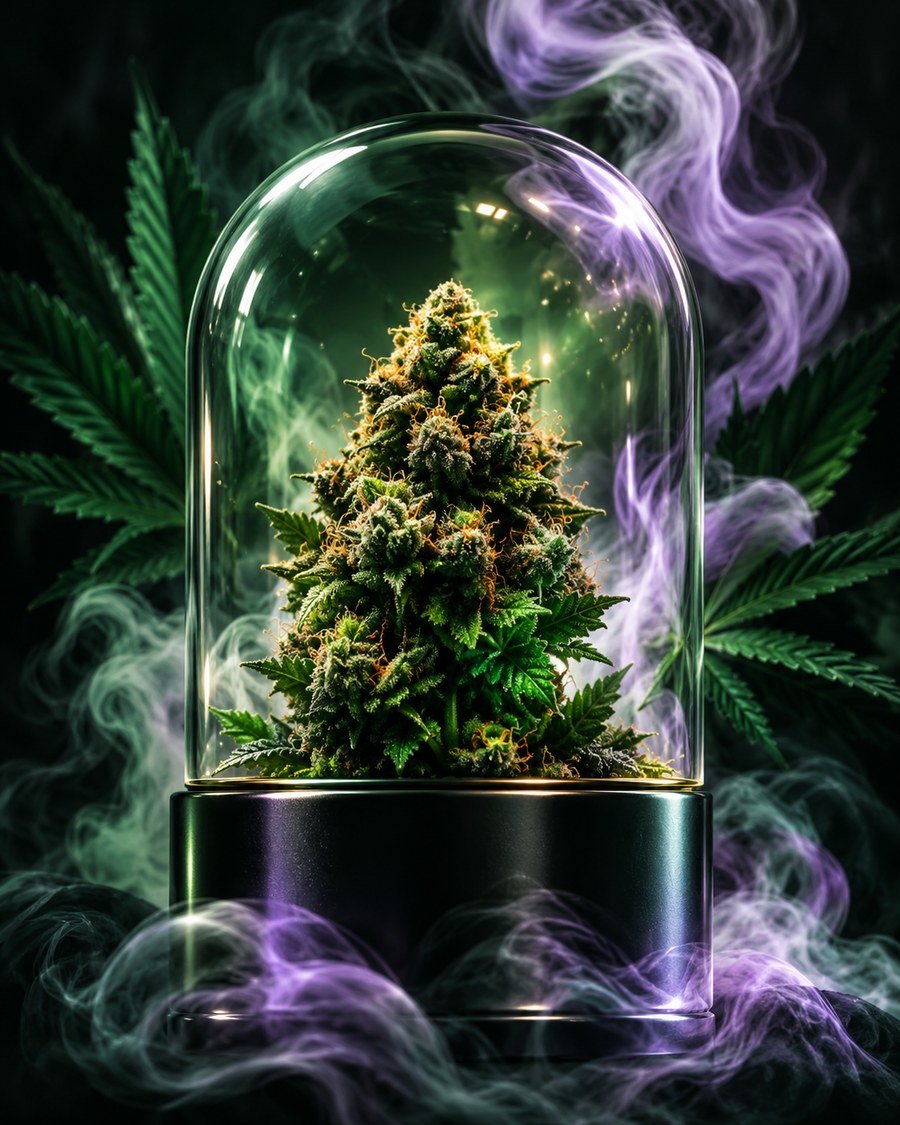 Tête de fleur CBD sous cloche de verre, socle « Quality · People · Planet »