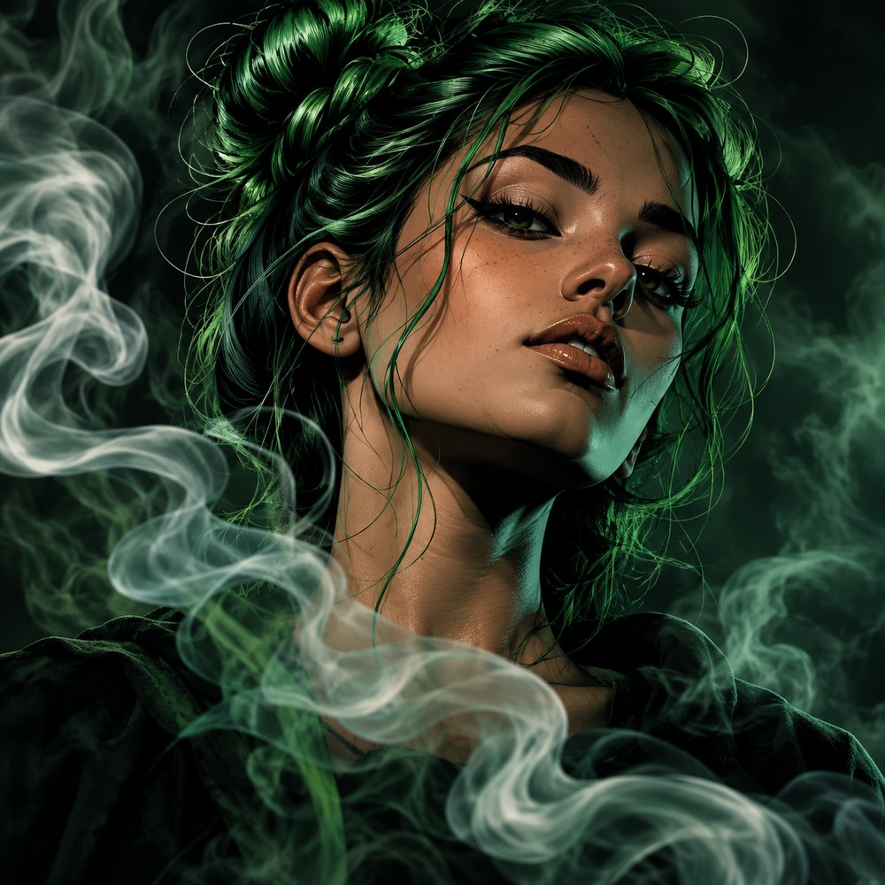 Portrait CBD IMPACT : une femme aux cheveux verts dans la fumée, feuilles de chanvre en arrière-plan