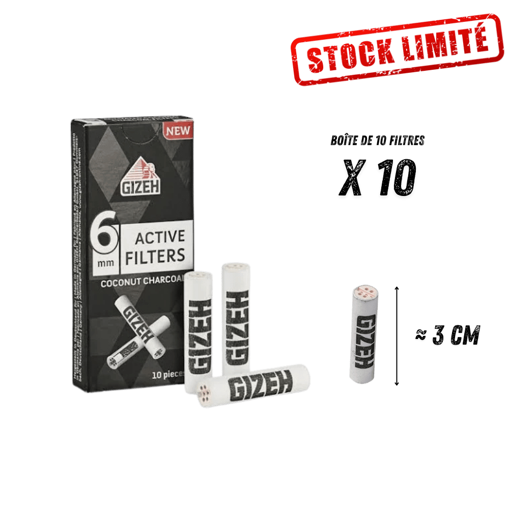 Filtre Gizeh Charbon Actif Coco 6mm - Boîte de 10 Filtres